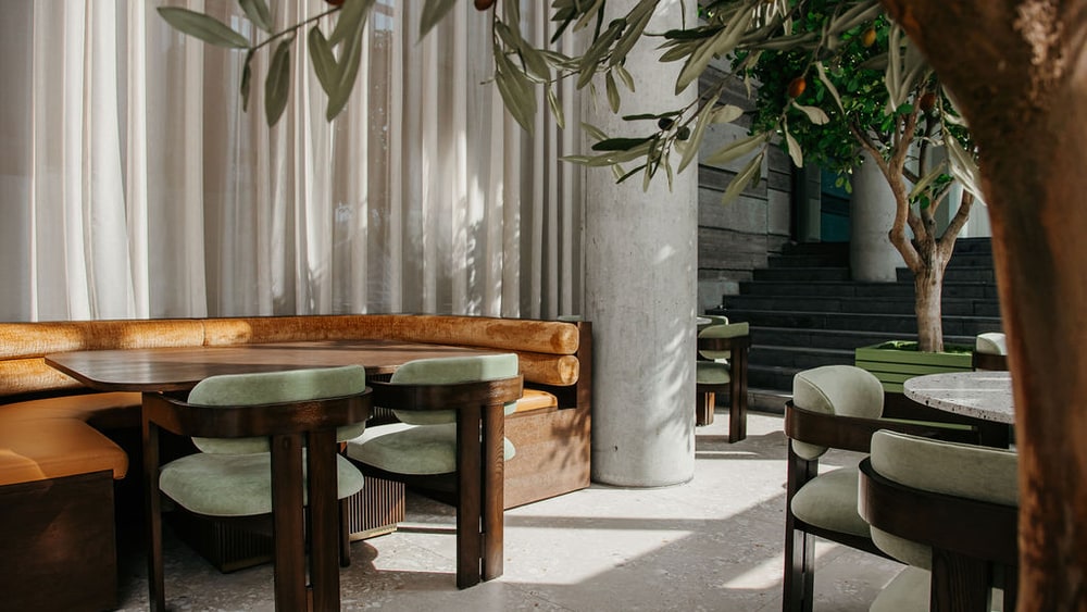 Höfðatorg — a curved banquette and green upholstered chairs under an olive tree.